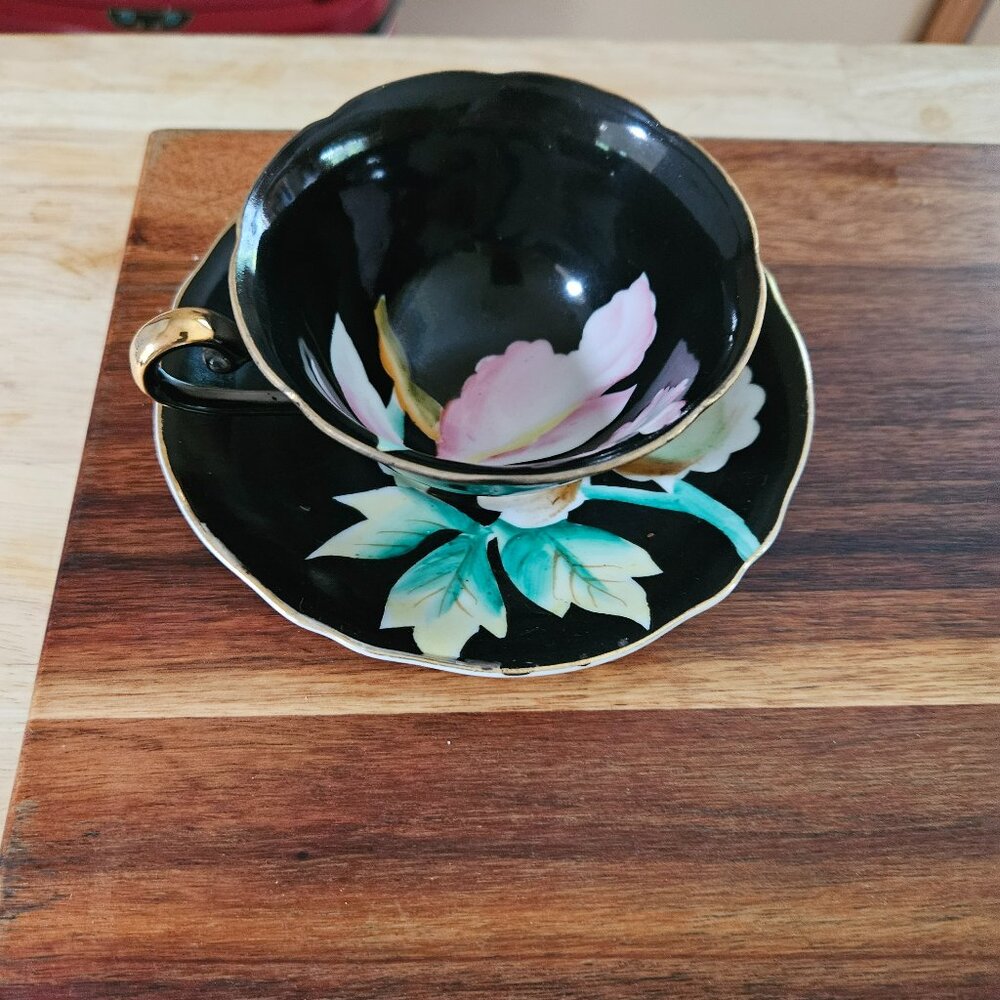 vintage occupied Japan handpainted  black& pink rose